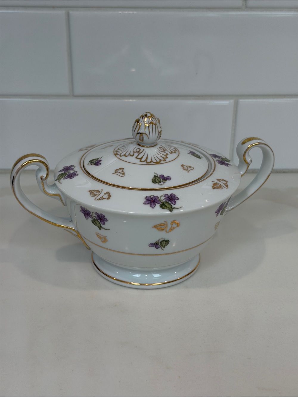 Noritake White Porcelain Covered Sugar Bowl with Purple Floral and Gold Accents